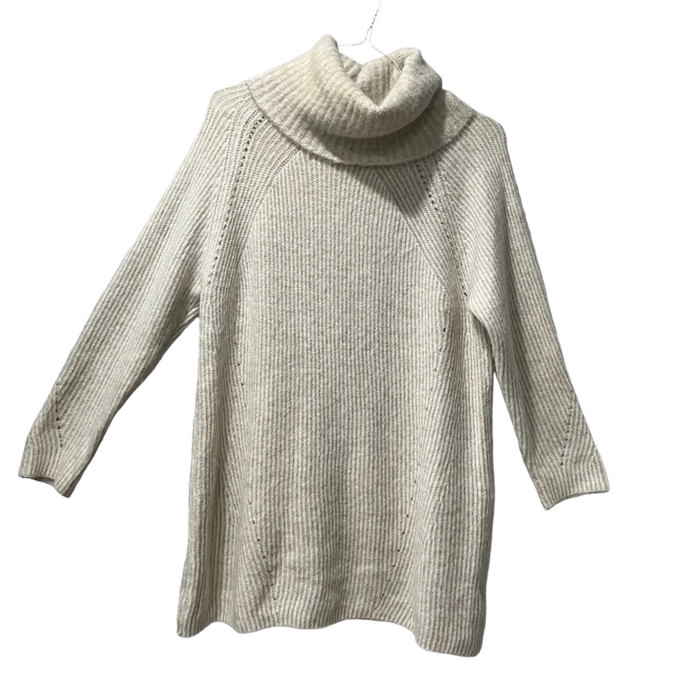 Topshop Women's Turtleneck Sweater Cream Tan Fuzzy Stripe Long Oversized‎ Sz 0/2